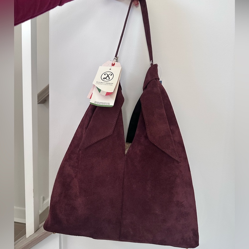 NWT Divina Firenze Italian Suede Slouchy Knot Hobo Shoulder Bag in Burgundy